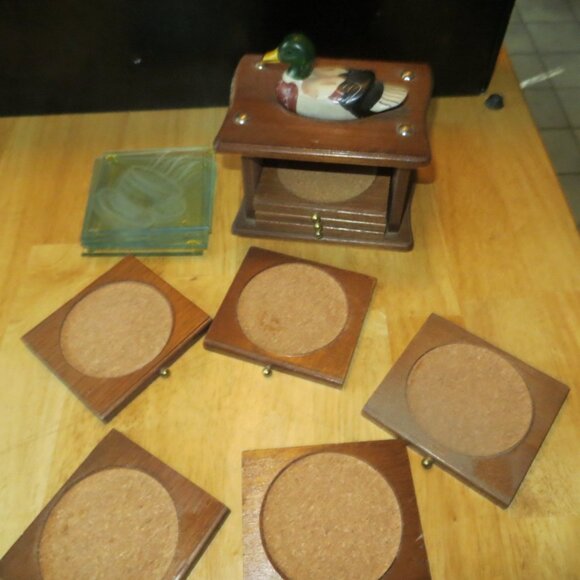 Vintage Albert E. Price Mallard Duck Wood Coaster Set w/Bonus Glass Coasters - Picture 2 of 4